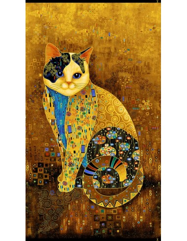 Gold Golden Bejeweled Cat cotton fabric panel