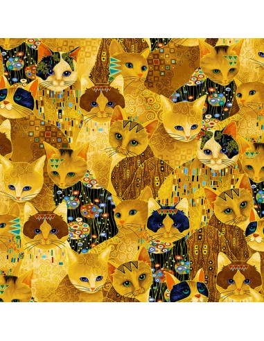 Tkanina bawełniana Gold Golden Bejeweled Cats a'la Klimt