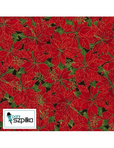 Joyful Season: Red Poinsettia Metallic cotton fabric