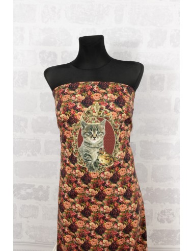 Knit printed jersey panel cat flowers