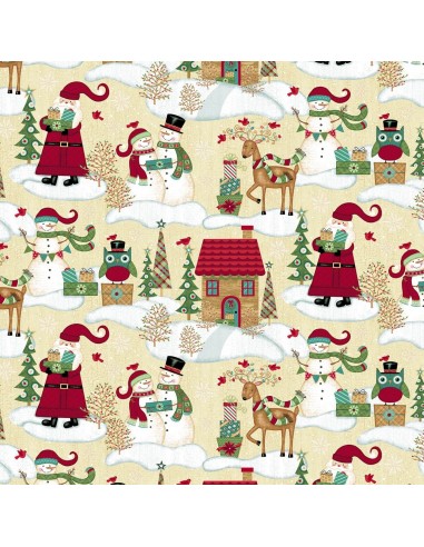 Ecru Christmas Scenic cotton fabric