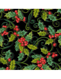 Tkanina bawełniana Black Christmas Holly Allover Metallic