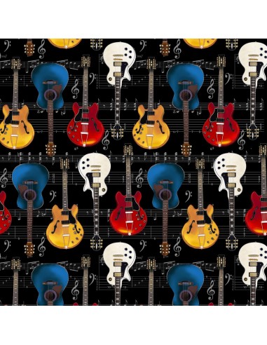 Black Guitars on Music Notes Timeless Treasures cotton fabric