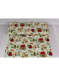 Ecru Christmas Scenic cotton fabric 2