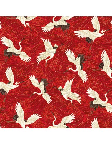 Red Cranes Metallic cotton fabric