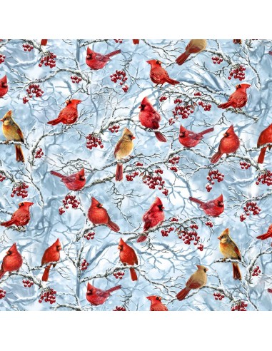 Tkanina bawełniana Blue Cardinals & Berries on Snow Branches
