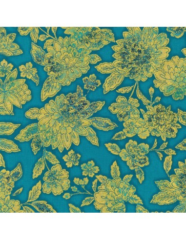 Teal Flowers Metallic cotton fabric