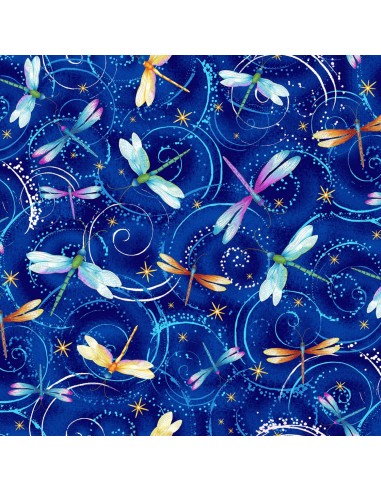 Blue Dancing Dragonflies Metallic cotton fabric