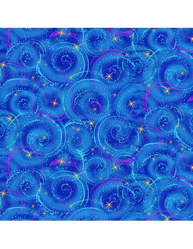 Blue Swirling Sky & Twinkling Stars Metallic cotton fabric