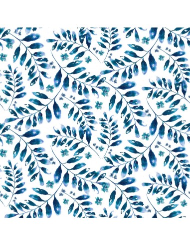 White Blues Tossed Leafy Vines cotton fabric