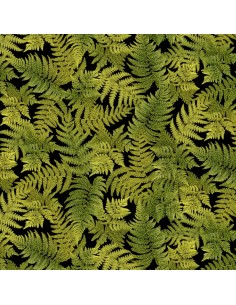 Tkanina bawełniana Black Tossed Metallic Fern Leaves