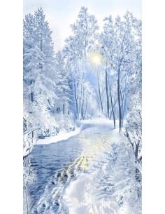 Blue Snowy Forest cotton fabric panel
