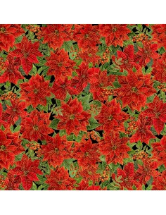 Black Packed Metallic Poinsettas With Leaves cotton fabric