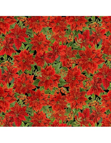 Black Packed Metallic Poinsettas With Leaves cotton fabric