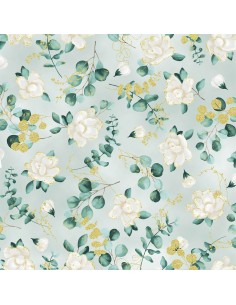 Sage Flowers Gold Metallic cotton fabric