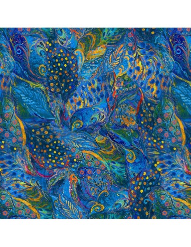Tkanina bawełniana Blue Painted Peacock Feathers