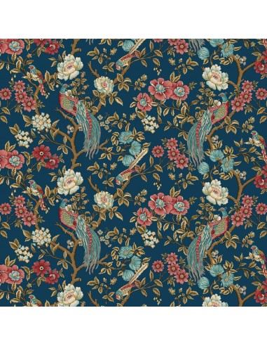 Teal Main Bird and Floral cotton fabric