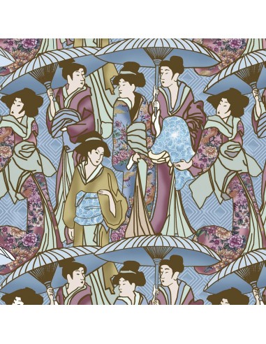 Multi Japanese Geishas cotton fabric