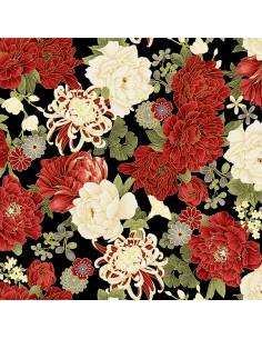 Black Large Metallic Asian Florals cotton fabric