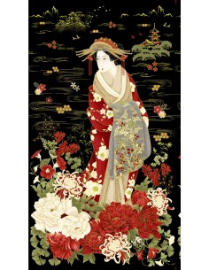 Black Metallic Japanese Geisha cotton fabric panel